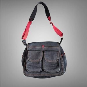Denim with red stitching messenger bag